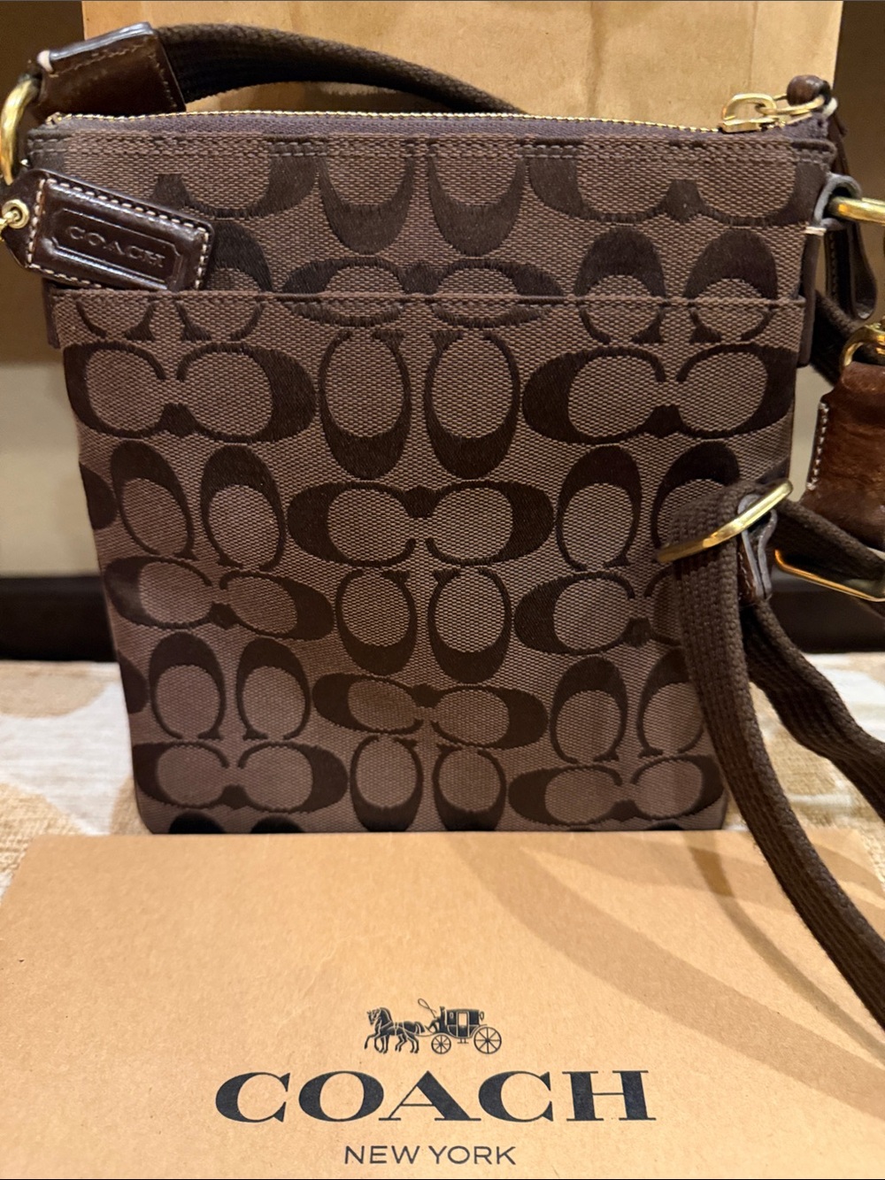 Coach Brown Signature Messenger Crossbody Bag with Gold-Tone Hardware - Picture 3 of 11